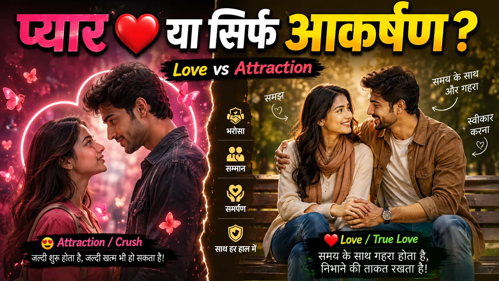 प्यार और आकर्षण में क्या अंतर है? Love vs Attraction को दर्शाता चित्र, जिसमें एक तरफ Crush और Attraction तथा दूसरी तरफ सच्चा प्यार, विश्वास और सम्मान दिखाया गया है।