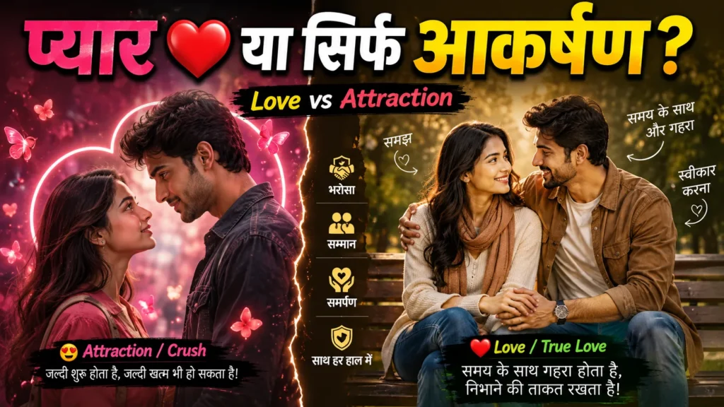 प्यार और आकर्षण में क्या अंतर है? Love vs Attraction को दर्शाता एक चित्र, जिसमें एक तरफ Crush और Attraction तथा दूसरी तरफ सच्चा प्यार, विश्वास और सम्मान दिखाया गया है।