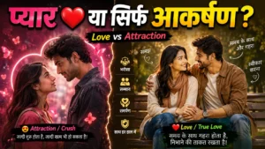 प्यार और आकर्षण में क्या अंतर है? Love vs Attraction को दर्शाता एक चित्र, जिसमें एक तरफ Crush और Attraction तथा दूसरी तरफ सच्चा प्यार, विश्वास और सम्मान दिखाया गया है।